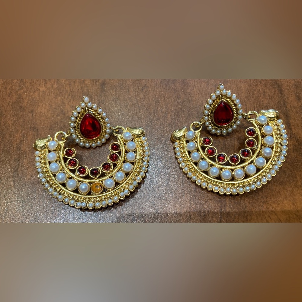 Gold-Toned Chandbali Statement Earrings with Faux Pearls & Red Stones